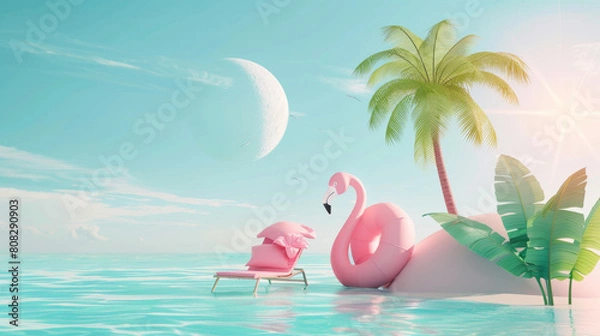 Obraz 3D render, summer beach background with palm tree and sun in the sky, flamingo float in water and chair under sunshine, summer vacation concept. Cartoon style. Pastel colors.