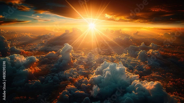 Fototapeta   The sun illuminates the sky through cloudless windows on an airplane, showcasing Earth's atmosphere