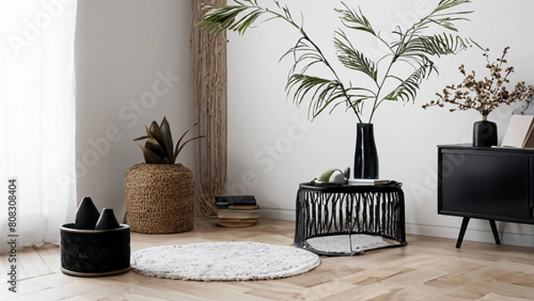 Obraz Stylish home decoration of unusual design bedside table, leaves in vase, black rattan basket, books and elegant living room.