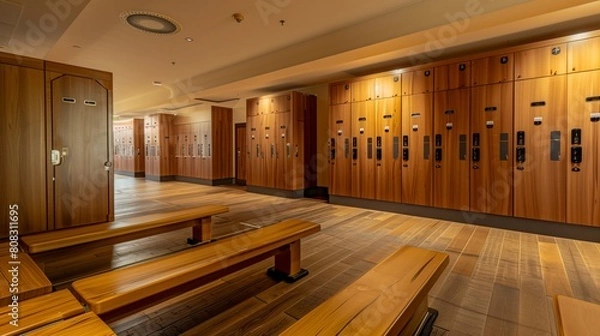 Fototapeta Spacious gym locker room with wood benches and lockers, natural lighting, left side text space.