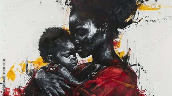 Fototapeta portrait of a kind-hearted mother caring for her child, made with AI