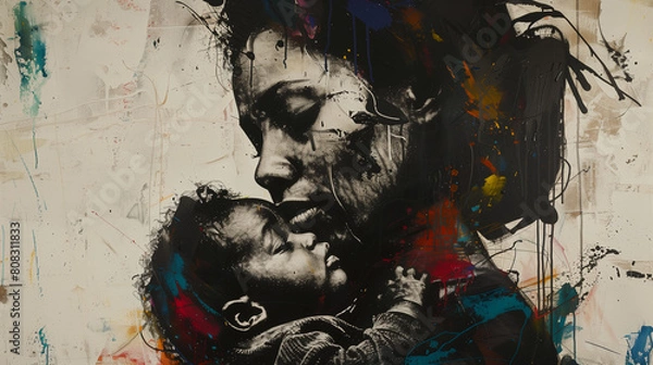 Fototapeta portrait of a tender mom concerned about her daughter, made with AI