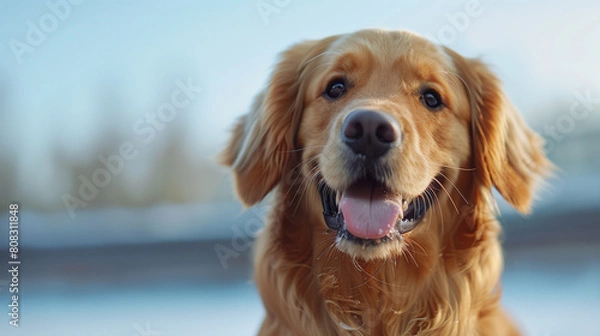 Fototapeta portrait of a cheerful golden retriever, made with AI