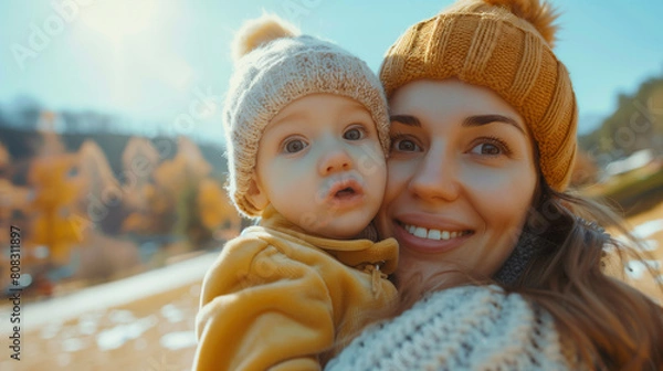 Fototapeta portrait of a mother and her baby spending time in winter, made with AI