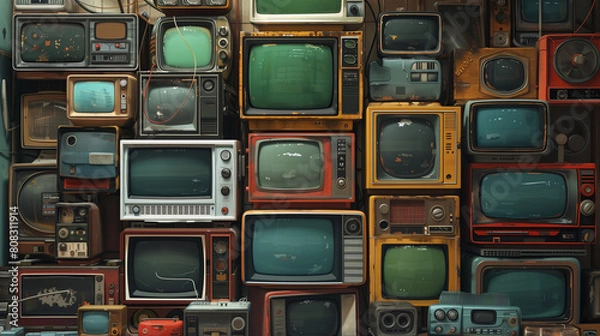 Fototapeta illustration of old stacked vintage televisions, made with AI