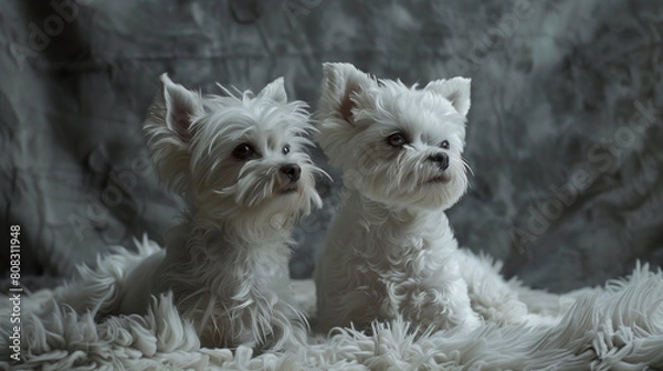 Fototapeta portrait of two maltese dogs, made with AI
