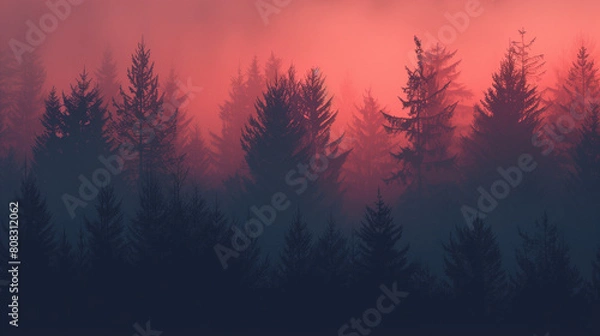 Fototapeta illustration of a sunset in a forrest, made with AI