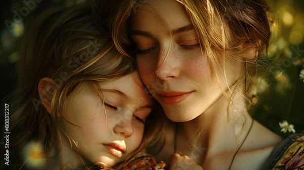 Fototapeta portrait of a warm-hearted mother and her child on mother's day, made with AI