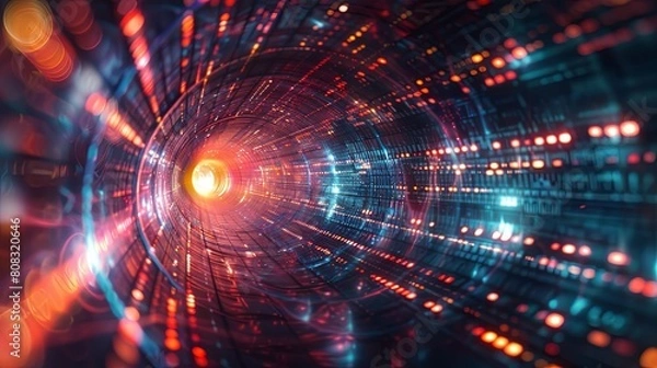 Fototapeta A colorful, glowing tunnel with a bright yellow light at the end