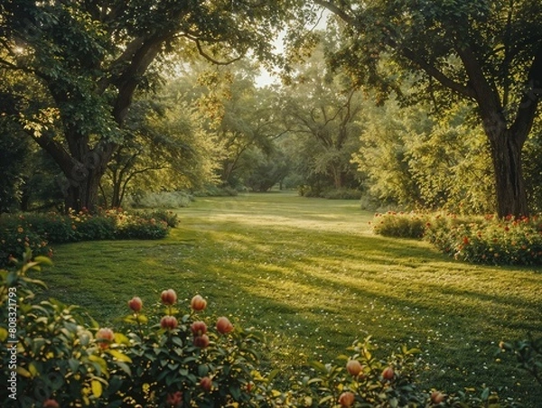 Fototapeta Sunlit Garden with Lush Trees and Flower Beds in Early Morning