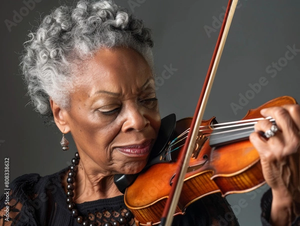 Fototapeta Closeup portrait os a senior black woman playing the violin with a serious expression.