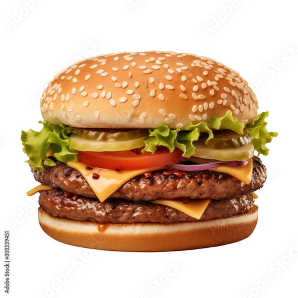 Fototapeta Hamburger isolated on transparent or white background, png