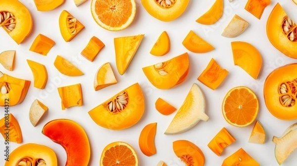 Fototapeta A top view of pumpkin pieces cut into various shapes, artistically spread out to showcase their natural color gradient on white