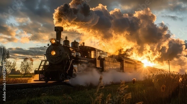 Obraz Beautiful historic steam train passing through countryside in the golden hour light, evoking nostalgia and the romance of rail travel