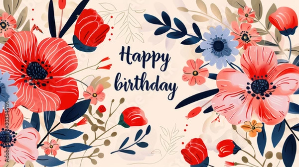 Fototapeta A birthday card featuring vibrant red and blue flowers in bloom, symbolizing celebration and joy