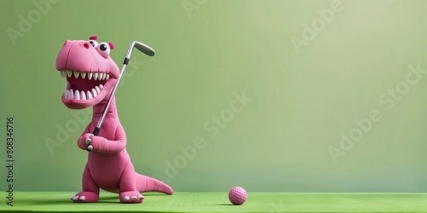 Obraz Pink Dino playing golf, copy space, green background 