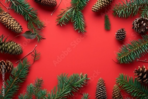 Fototapeta Christmas decorations layout or flatlay with fir branches and cones on red background.Eco natural frame. winter, new year Holidays concept as top view, copyspace. greeting card template