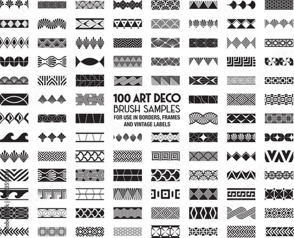 Fototapeta 100 Art Deco pattern brush samples for borders, frames and vintage labels.