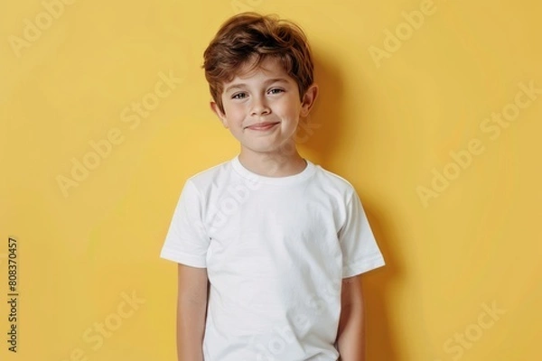 Fototapeta A child wearing a blank shirt mockup is taking a photo with a yellow background.