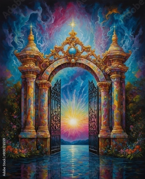 Fototapeta Amazing fantasy gate beautiful ornate portal to Shangri-la paradise on a lake surround by flowers spiritual transition to heaven trippy colorful background with brilliant radiating sun 