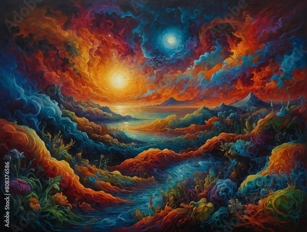Fototapeta Trippy vibrant multi-colored mountain and river landscape with twin opposing stars one orange fire the other cold blue brilliant swirling colors