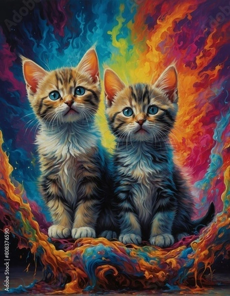 Fototapeta Adorable tabby kittens cute cats painting with vibrant rainbow multi-colored background kitties have a worried look on their face