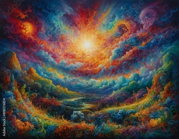 Fototapeta Vibrant colorful abstract trippy psychedelic landscape with bright swirling colors billowing smoke and clouds with a glowing yellow sun