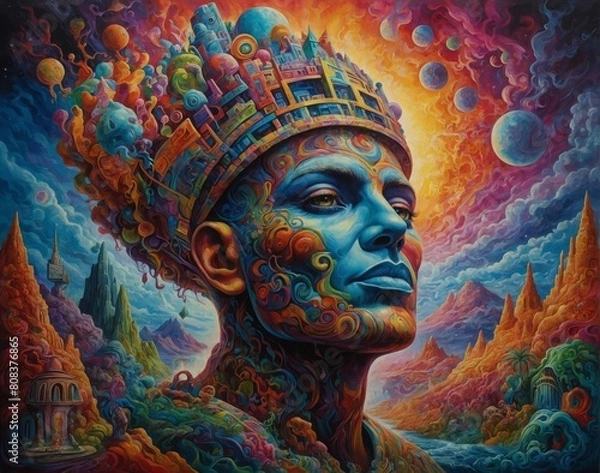 Fototapeta Trippy King wearing surreal crown colorful swirling tattoos unreal fantastic fantasy background with vibrant clouds and mountain landscape