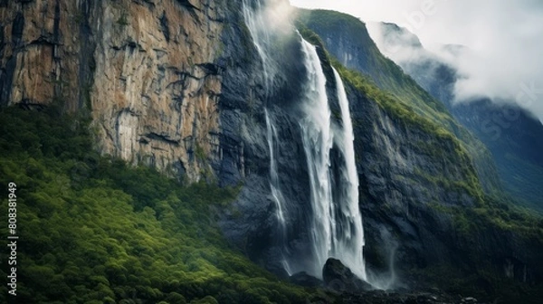 Obraz Powerful waterfall cascading down lush green cliffs