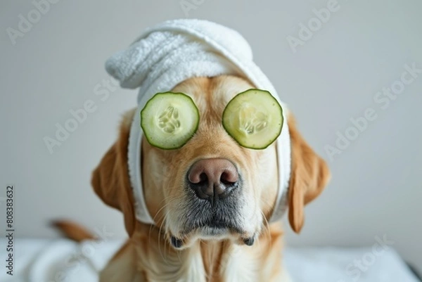 Obraz A dog with cucumber slices on its eyes, wearing a white towel around its head and sitting in front of a gray background. Spa for dogs.