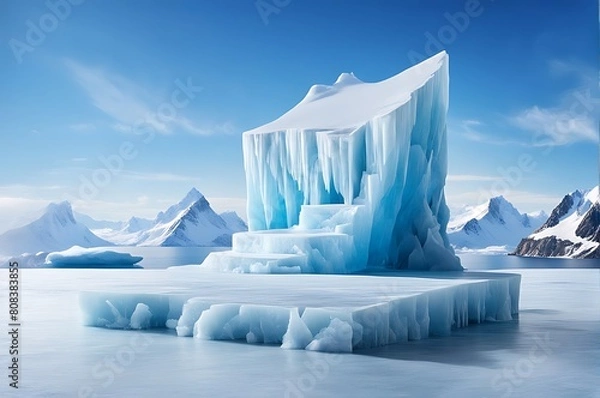 Fototapeta  Ice background podium cold winter snow product platform floor frozen mountain iceberg.Podium glacier cool ice background stage landscape display icy stand 3d water nature pedestal arctic concept cave
