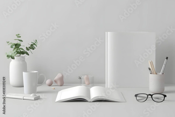Fototapeta A professional mockup displaying a blank catalog and product samples, ideal for presenting product catalog designs for manufacturing companies and retailers