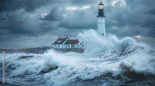 Fototapeta Storm waves over the Lighthouse in a cloudy day