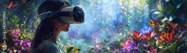 Fototapeta A woman wearing a futuristic headset immersed in a digitally enhanced natural environment