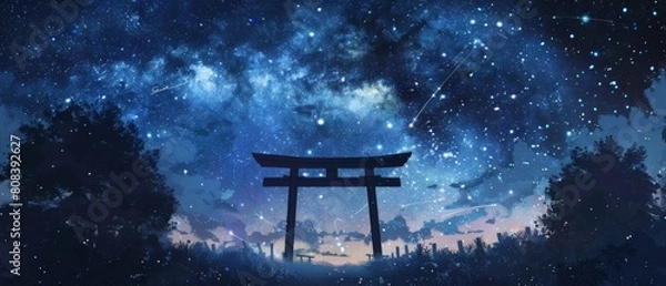 Obraz Star-studded sky with a picturesque view of a torii gate in a cosmic setting.