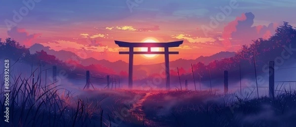 Fototapeta Sunset view through a torii gate over a misty rural landscape.