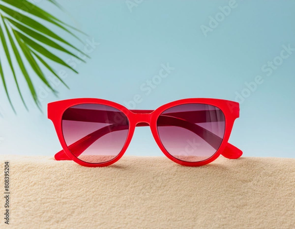 Fototapeta Red summer sunglasses modern and minimal style on beach over sand and sky palm tree detail