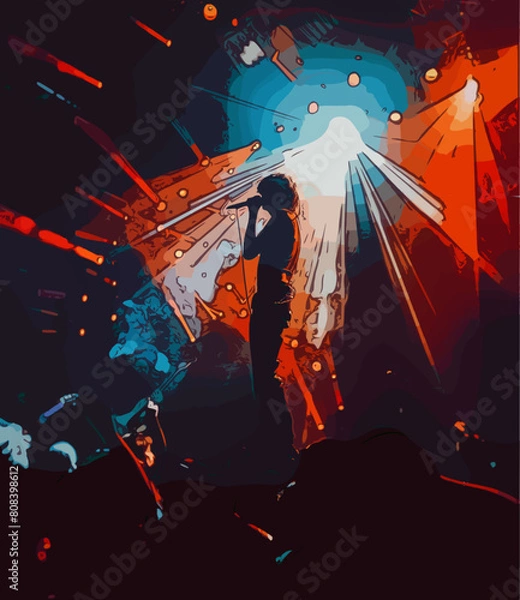 Fototapeta A charismatic rock singer captivates the crowd during an electrifying live concert, bathed in dynamic lighting and surrounded by an enthusiastic audience.