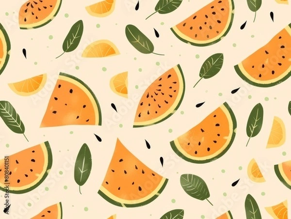 Fototapeta Vector illustration of watermelon and citrus slices with leaves and seeds on a light background.