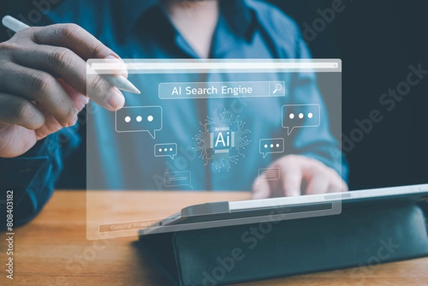 Fototapeta Ai tech, Chatbot with AI, Artificial Intelligence, search engine, businessman using laptop connection to AI, use command prompt for generates idea something or solve problems, digital transformation.