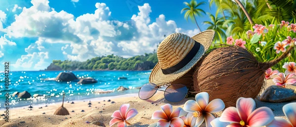 Obraz Pristine Seychelles Beach, White Sand with Azure Waters, Relaxing Under Coconut Palms