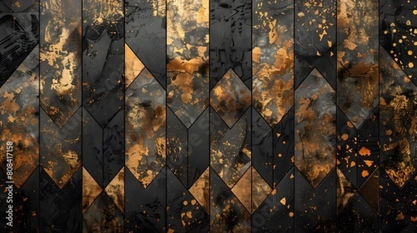 Fototapeta A modern batik pattern with a metallic sheen, showcasing geometric shapes and batik motifs rendered in gold, silver, and copper on a black background, metallic texture, geometric fusion