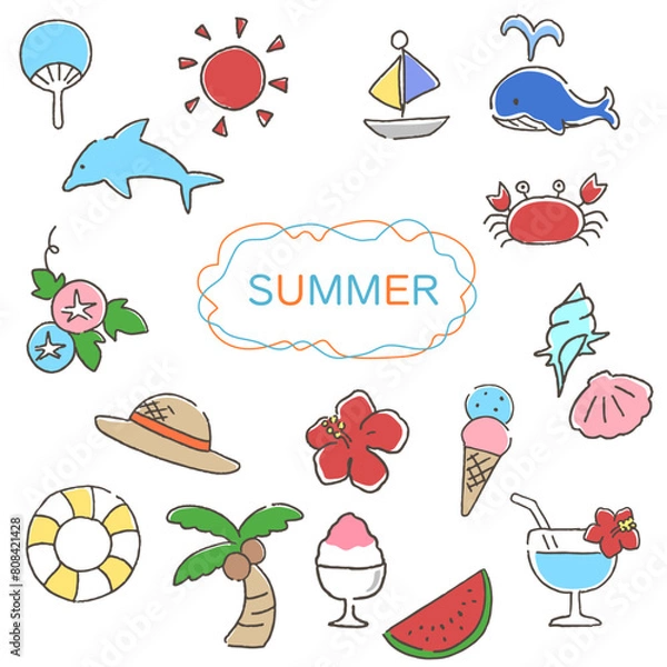 Fototapeta 夏素材の手描き風イラストのセット