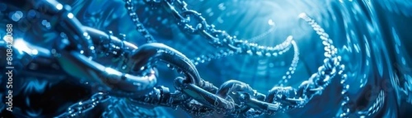 Fototapeta A swirling vortex of blue chains, forming a blockchain network that expands outwards like a ripple effect, conveying the growth and spread of the technology