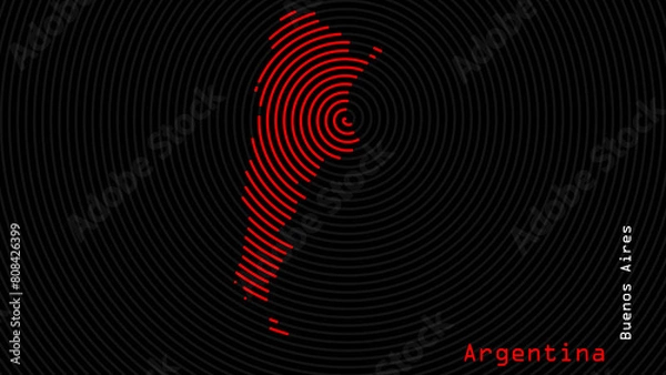 Fototapeta A map of Argentina, with a dark background and the country's outline in the shape of a colored spiral, centered around the capital. A simple sketch of the country, highlighting its unique shape.