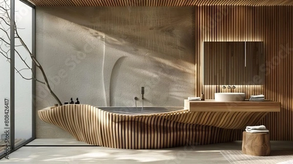 Fototapeta Modern and stylish bathroom with unique wooden wavelike panels