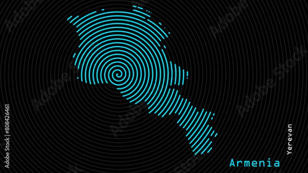 Fototapeta A map of Armenia, with a dark background and the country's outline in the shape of a colored spiral, centered around the capital. A simple sketch of the country, highlighting its unique shape.