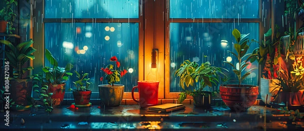 Fototapeta Rainy Window View, Drops and Lights Create a Moody, Reflective Urban Scene