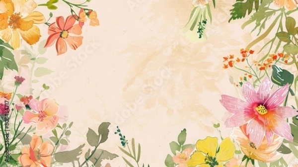 Fototapeta Refreshing Floral Computer Wallpaper with Varied Edges and Central Blank Space, Simple Layout in Vibrant Fresh Colors, HD Quality