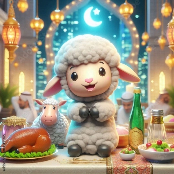 Fototapeta 3D Render of A Happy Goat Celebrating Eid Al Adha, Join the joyous festivities with a happy goat celebrating Eid Al Adha! Discover the spirit of the occasion with our heartwarming portrayal.
